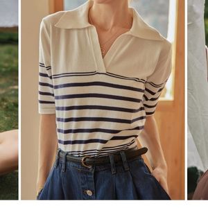 Simple Retro stripe polo knit top